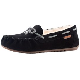 Parfeying Women's Sheepskin Moccasins Cow Suede Memory Foam Slippers Indoor Outdoor Shearling Winter Shoes,L20101 Black 7.5US