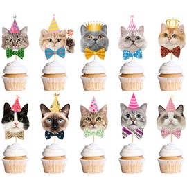 Cat Birthday Party Decorations - 40 Pcs Cute Cats Face Cupcake Toppers for Kitten Pet Animal Themed Baby Shower Party Supplies for Girls Kids Birthday Decoration