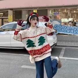 Festive Christmas Tree Design Women's Large Size Red Knit Overtop (Autumn/Winter Collection) Free Size/White Color-Free Size 2ea