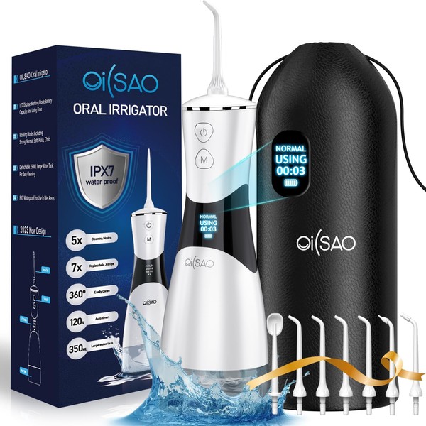 Water Flosser Cordless,OILSAO OLED Display Water Dental Flosser Pick for Teeth Cleaning and Flossing Oral Irrigator/ 5 Modes with 7 Tips & 350 ML Tank,IPX7 Waterproof Rechargeable with Storage Bag