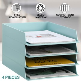 Tatuo 4 Pack Stackable Paper Trays Plastic Letter Tray Desk Organizer Paper Holder Organizer Storage Office Desk Accessories for Classroom Magazine File Documents 12.8 x 9.45 x 1.97, Blue Green