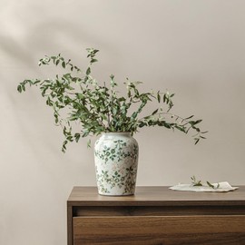 Vintage Pastoral Green and Beige Vase, Round Ceramic Floral Vases, Retro Ice Cracked Chinoiserie Vase for Home Decor, Living Room, Bookshelf, Office, Rustic Table Centerpiece 7.8 Inch