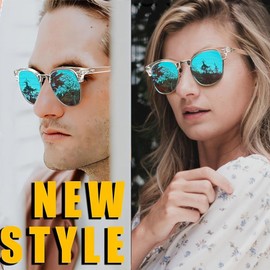 Joopin Blue Mirrored Polarized Sunglasses for Men Women Trendy Clear Frame Mens Sunglasses Womens Shades UV Protection Semi-Rimless Ladies Sun Glasses