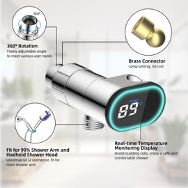 Hibbent Upgraded Metal Shower Head Holder with LED Display Shower Thermometer, Adjustable Shower Arm Mount for Handheld Shower Head, Universal Shower Head Bracket, Solid Brass Pivot Ball, Chrome