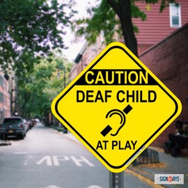 Caution Deaf Child (Symbol) At Play 12"x12" Sign, UV protected, weather resistant, visible day or night. Rust free .080 gauge aluminum with pre-drilled mounting holes.