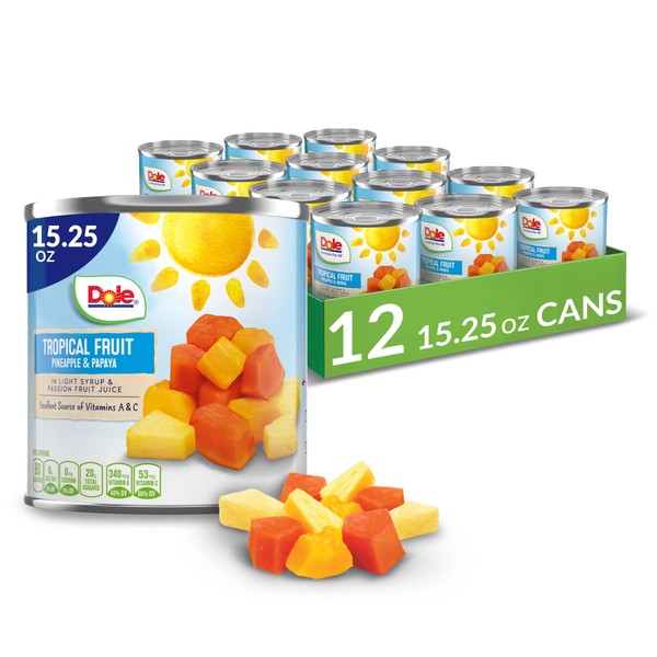 Dole Canned Tropical Fruit in Light Syrup & Passionfruit Juice, Pineapple & Papaya, Gluten Free, Pantry Staples, 15.25 Oz, 12 Count