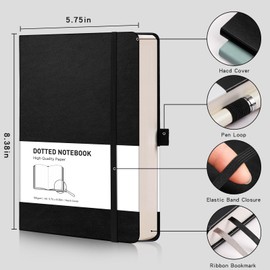 RETTACY A5 Bullet Dot Grid - Dotted Notebook With 320 Numbered Thick Journal Leather Hardcover 100gsm Paper Pen Holder, Inner Pocket, 2 Free Journal Stencils 14.5 x 21cm - Black