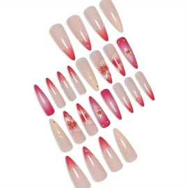 3D Flower Press on Nails Long Stiletto Fake Nails Handmade False Nails with Rhinestone Charm Designs Stick on Nails for Women 24 Pcs (Pink-4, L-4)
