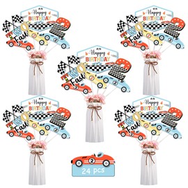 Vintage Race Car Birthday Decorations - 24pcs Two Fast Birthday Centerpieces, Retro Race Car Centerpiece Sticks Table Decoration, Let's Go Racing 2nd Birthday Party Supplies for Boys