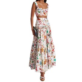 ksotutm 2 Piece Skirt Sets for Women Animal Printed Halter Top High Waist Maxi Skirt Women's Fashion Vacation Outfits White