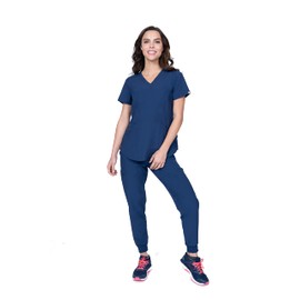V-Neck Jogger Scrubs for Women Set 6 Pocket 4-Way Stretch for Medical Dentist Spa Elements Select ES2936 (Navy, Medium Tall)