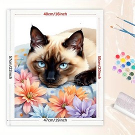 Pet Portrait Paint by Numbers Kit for Adults - DIY Blue-Eyed Siamese Cat and Flowers Painting on Canvas 16x20 Inches,Acrylic Paint Set,Suitable for Beginners,Cat Art for Home Decoration/Gift