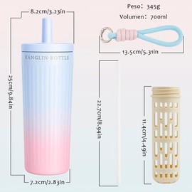 Termo Acero Inoxidable 24oz(700ml),Botella de agua Gradiente,Termo para Agua con Infusor de Té,Con popotes y cuerda,100% A Prueba Fugas,Para Agua FríA 24 Horas,O Caliente12 Horas,Sin Bpa (Azul)