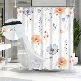 AWERT Floral Shower Curtain for Bathroom Navy Blue Beige Flower Shower Curtain with Liner 3 in 1 Shower Curtain Set Clear PEVA Liner with 12 Rust Proof Hooks 70x70 inch