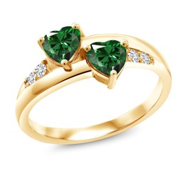 Gem Stone King 18K Yellow Gold Plated Silver Green Simulated Emerald and Lab Grown Diamond Women Ring (1.08 Cttw, Heart Shape 5MM, Available In Size 5, 6, 7, 8, 9)