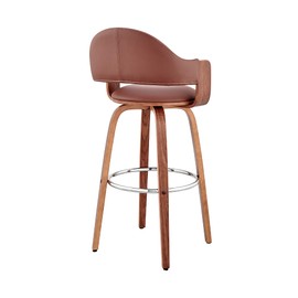 Armen Living Daxton Mid Century Modern Swivel Bar Stool for Kitchen Island Counter in Brown Faux Leather and Walnut Wood, 30" Seat Height