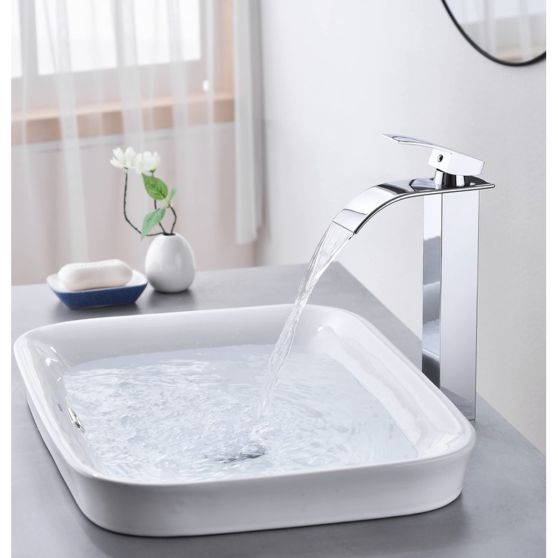 Rzoeox Tall Bathroom Vessel Faucet, Waterfall Design, Chrome Finish, Single