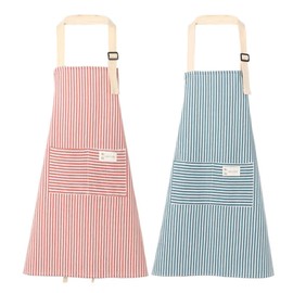 AstarFavor Pack of 2 Women's Kitchen Aprons, Cotton Linen Apron, Adjustable Kitchen Apron, Bib Apron, BBQ Apron for Cooking, Baking, Crafts, Red and Blue