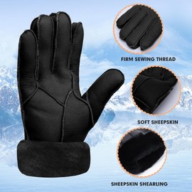 MGGMOKAY Men's Leather Gloves Sheepskin Shearling Warm Winter Gloves, black