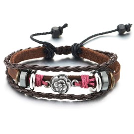 COOLSTEELANDBEYOND Women Tribal Vintage Flower Circle Charms Three-Strand Brown Leather Wristband Wrap Bracelet