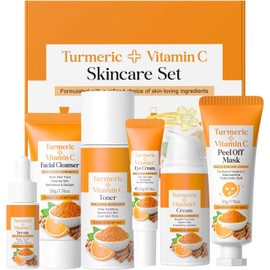 Turmeric & Vitamin C BeauBase Skincare Set 5 Piezas con Limpiador, Tónico, Suero, Crema de Ojos, Crema Hidratante y Broche, Iluminación e Hidratación para mujeres y niñas
