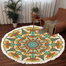 Terafeels Small Rug Boho Round Rug 2Ft Washable Round Area Rug Non-Slip Small Round Bathroom Rug Throw Lightweight Round Bedroom Rugs Oriental Distressed Print Round Carpet for Entryway Nursery, 8060