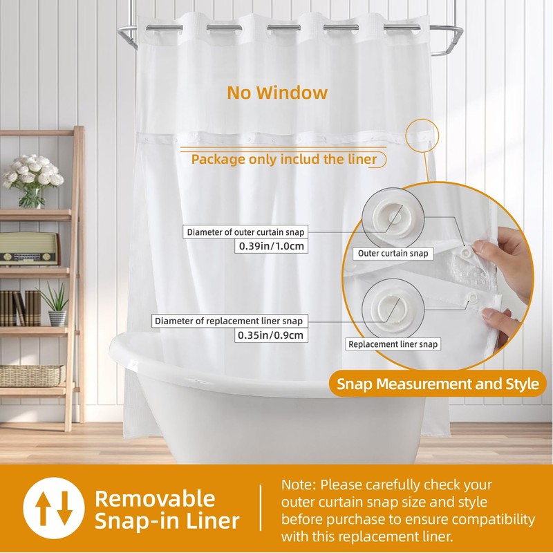 eachope 2 Pack Fabric Snap-in Shower Curtain Liner Replacement,Compatible with