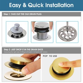 Bathtub Drain Stopper Universal Tip Toe Tub Stopper and Cover Pop Up Bath Drain Stopper Replaces Bath Tub Lift & Turn, Tip-Toe or Trip Lever Drains for Tub, EZ Install (Brushed Gold) 1