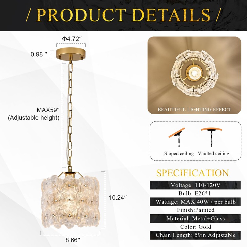 Poemoon Gold Glass Pendant Light 1-Pack Modern Flower Small Ceiling