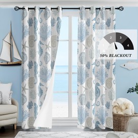 weesire Nautical Coastal Curtains Decorative Beach Ocean Seahorse Coral 50% Light Blocking Sea Darkening Grommet Curtain for Villa Living Room, Bedroom Navy Blue and White 2 Panels Set, 52x63 Inches