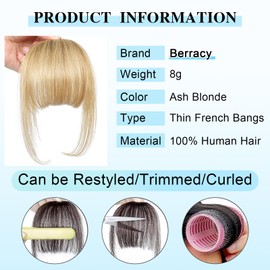 Berracy Bangs Hair Clip in Bangs 100% Real Human Hair Extensions Fake Thin French Bangs Fringe with Temples Curtain Flat Neat Front Thick Hairpieces for Women Kids Daily Wear Ash Blonde