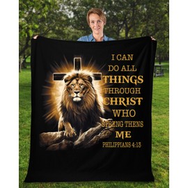 I Can Do All Things Through Christ Fleece Blanket P132, Christian Blanket for Men, Jesus Religious Faith Lion Cross Fleece Blanket 60x80