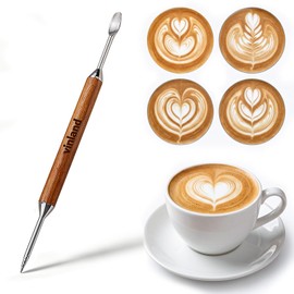 Wood Handle Stainless Steel Coffee Latte Art Pen - Barista Fancy Stitching Tool for DIY Coffee Decorating, Espresso Cappuccino Decorating Needle