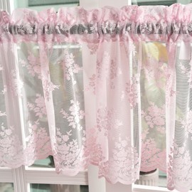 Kotile Pink Sheer Valance for Windows, Country Rustic Floral Short Lace Cafe Curtain 18 Inch Length, Light Filtering Rod Pocket Lace Valance Curtain, 52 x 18 Inch, 1 Panel, Pink