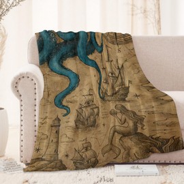 Vintage Nautical Octopus Mermaid Blanket 50x60 in, Flannel Throw Blankets for Travel Camping Sofa Living Room Decor, Lightweight Cozy Soft Fuzzy Gifts for Women Adults Kids