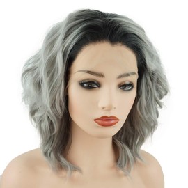 Meiyite Hair Curly Short 14inch Dark Root Grey Ombre Half Hand Tied Heavy Density Realistic Synthetic Lace Front Wigs