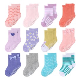 The Peanutshell Organic Baby Girl Socks for 3-12, 12-24 Months - Non-Slip Grip, Soft and Breathable 100% Cotton Baby Crew Socks - All Day Comfortable Design - Paste