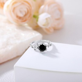 FYBIOD Leaf Design Vine Natural Balck Onyx Ring for Women Sterling Silver Art Deco Round Black Onyx Gemstone Statement Ring Jewelry Gift for Her Size 7