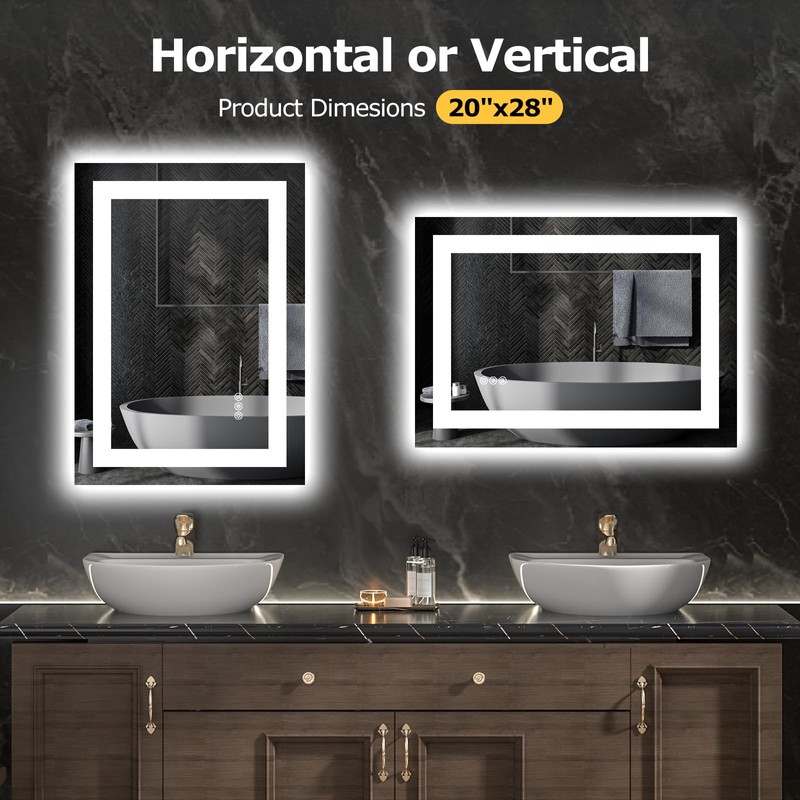 Hivone 28X20 LED Bathroom Mirror with Lights, Anti-Fog, Dimmable, Backlit