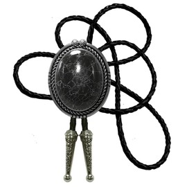 Moranse Bolo Tie Natural Colors Stone Western Celtic Style Genuine and Cowhide Rope, Ring Black Lines Stone, Medium