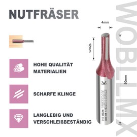 WOBLLMX 8 mm Shank Groove Cutter, Diameter 4 mm, Working Length 12 mm, Professional Carbide Fitted Groove Cutter Standard for Wood Density Plate Accessories Hand Milling Cutter