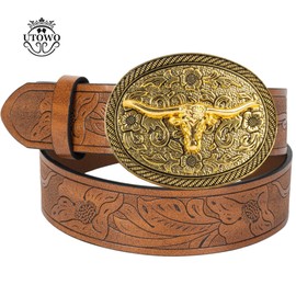 UTOWO Women Vintage Western Belt with oval-Longhorn-Buckle Cowgirl Bull-PU-Leather Waist Cowboy Belt for Jeans 1.5in Wide