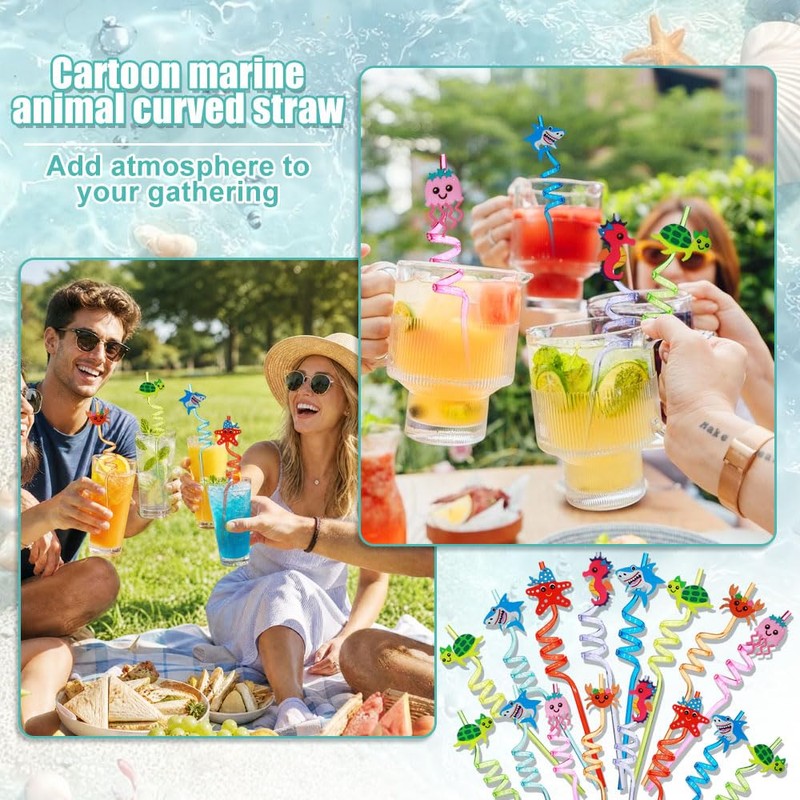 16 cannucce per bambini, motivo animali marini, in plastica, colorate,