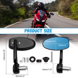 BREDUXSER Cafe Racer Oval 7/8" Bar End Side Mirrors - Black 22MM Anti-Vibration CNC Aluminum Universal Fit for Honda, Yamaha, Kawasaki, Suzuki