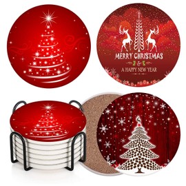 Britimes Christmas Coaster, Red Christmas Tree Set of 6, Drinks Absorbent, Cork Base, Metal Holder, Round Stone Drink mat, Gift for Housewarming Room Bar Decor