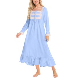 Rubehoow Women's Soft Cotton Night Shirt Vintage Button Down House Dress Long Victorian Style Ladies Sleep Gown Light Blue, XXL