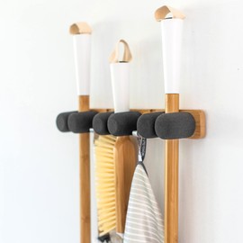 Full Circle Get A Grip Mop and Broom Organizer – Wall Mounted Storage for Kitchen or Closet – Lightweight Bamboo Hanging Broom Holder with Foam Pegs – Easy to Install Home Organization, Small