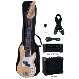 RAPTOR 38 Inch Kids Child 4 String Electric P Bass Package - NATURAL with 5W Amp, Gig Bag, Strap, Cable, Picks