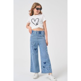 AOWKULAE Girls Heart Print Baggy Jeans Stretch Waist Wide-Leg Jeans, A2-Blue Heart, 13-14 Years = Tag 170