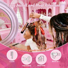 Plenday Hot Pink Hair Tinsel Clip in,18 Pcs 24 Inch Heat Resistant Colorful Fairy Hair Tinsel for Girls Women Teen,Glitter Clip in Hair Extensions Hair Accessories for Festival Party (18pcs)